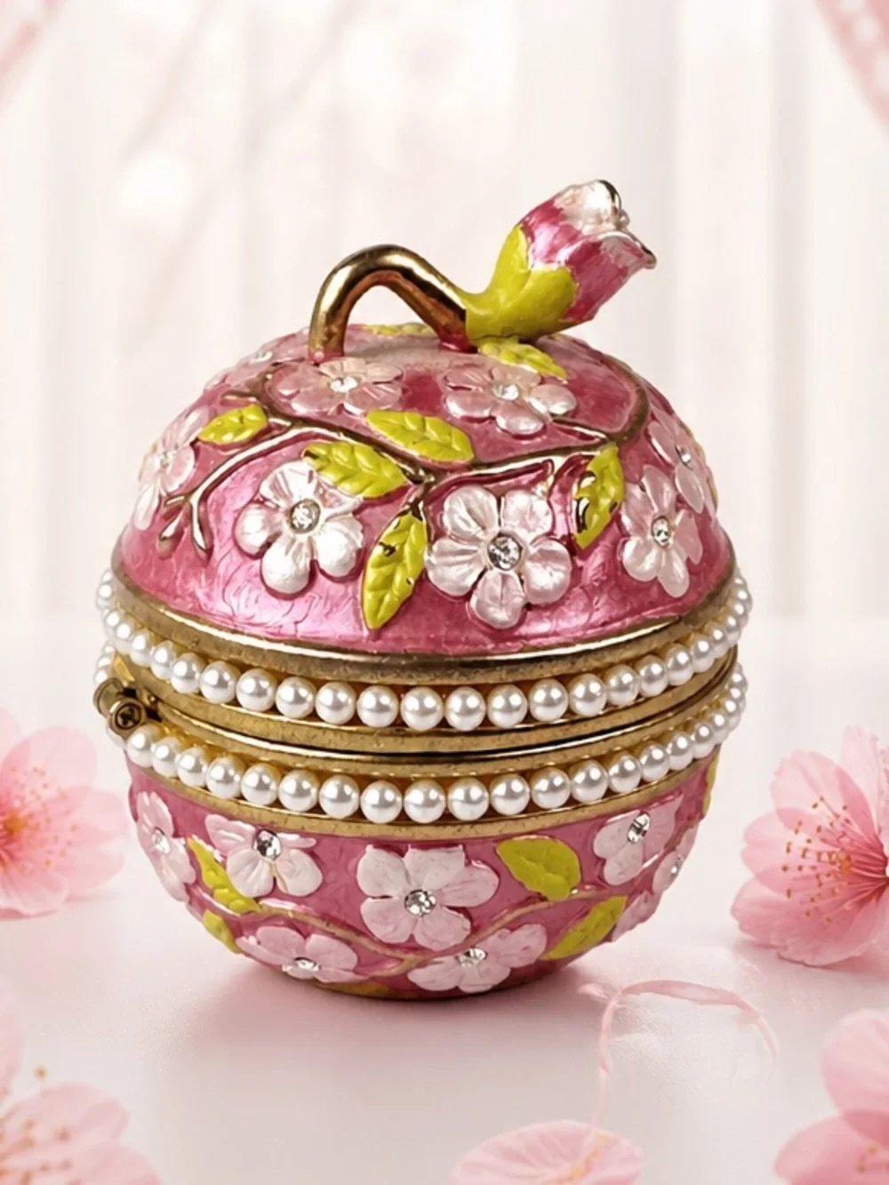 Vintage Rucinni Enamel Pink Apple Blossom Trinket Box With Swarovski Crystals
